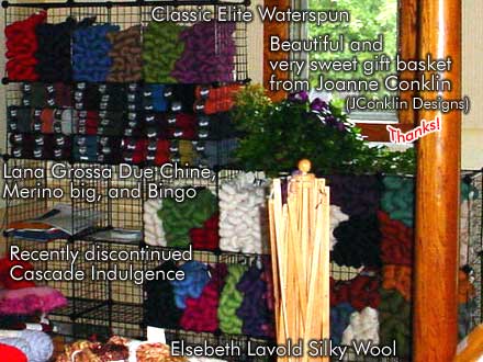 Closeup of Shelving: Classic Elite Waterspun, Lana Grossa Due Chine, Merino big, Bingo, Cascade Indulgence, and Elsebeth Lavold Silky Wool
