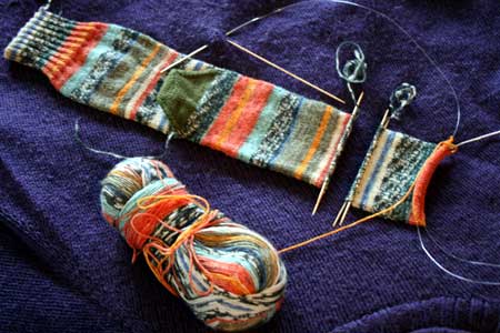 Tubularly-knit sock in progress