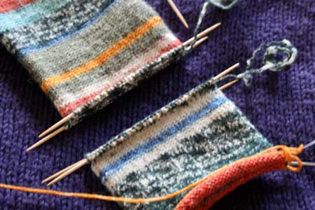 Tubularly-knit sock in progress